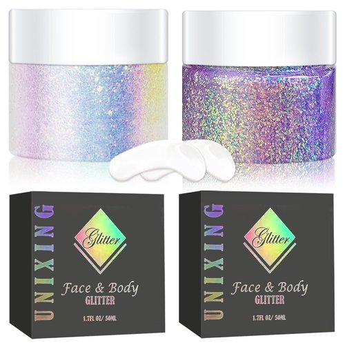 Holographic Body Glitter Gel for Body, Face, Hair and Lip Color Changing Sparkling Face Glitter Gel Mermaid Sequins Glitter Face Paint for Women Girls Music Festival Concerts Party, 50ml x 2