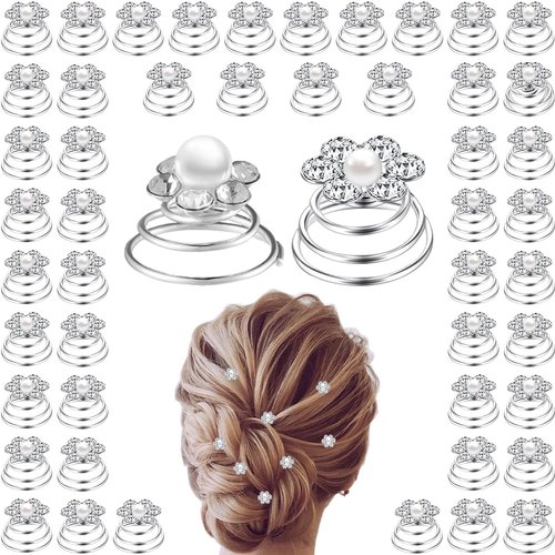 50 Pieces Crystal Pearl Twisters Spiral Set Bridal Rhinestone Gems Hair Pins Silver Coil Hair Gems Hair Clips for Wedding Party Prom with Clear Box for Women Girls Party Gift(Flowers Style)