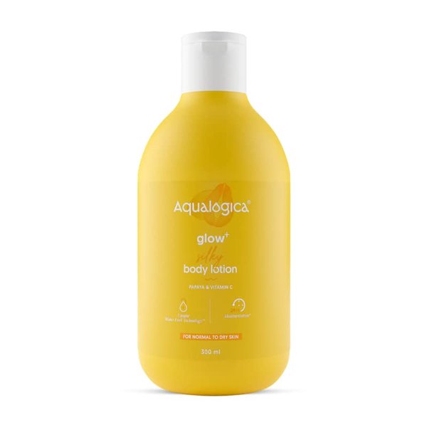 Aqualogica Glow+ Silky Body Lotion for Normal to Dry Skin | Gives 24-Hour Glowing Moisturization with Papaya & Vitamin C | Lightweight Formula | 10.14 Fl Oz/300ml