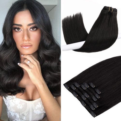 PurFashion Clip in Hair Extensions, Natural Black 12inch 70g 7pcs Clip in Hair Extensions Real Human Hair, Straight and Soft Remy Human Hair