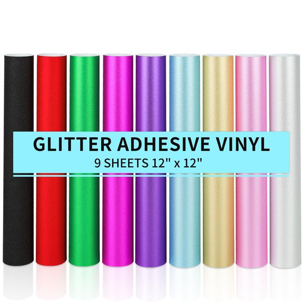 Lya Vinyl Shimmer Adhesive Vinyl Permanent Adhesive Bundle, 12"x12" 9 Pack Glitter Adhesive Vinyl Sheets for Mug, Cup, DIY Project, Party Decoration