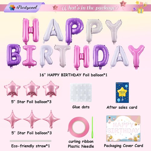 iPartycool Happy Birthday Banner, 24pcs 3D Happy Birthday Balloon, Birthday Party Decorations, Happy Birthday Sign with 6pcs Star Balloons Birthday Decorations for Girls Women Birthday Party Supplies