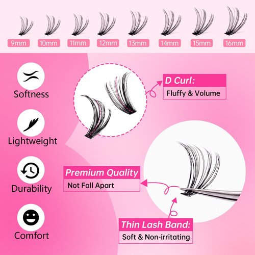 ESEENLO Lash Extension Kit, 320pcs DIY Eyelash Extension Kit 9-16mm Mix, 30D 40D Curl Individual Lash Clusters with Bond, Seal, Remover and Tweezers