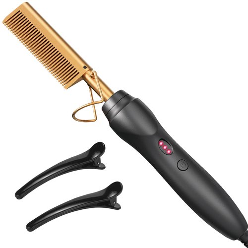 Hot Comb Hair Straightener Heat Pressing Combs Ceramic Electric Hair Straightening Comb, Curling Iron for Natural Black Hair Beard Wigs Holiday Gift - Glod