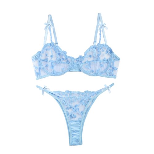 Lilosy Sexy Cute Underwire Push Up Strappy Heart Embroidered Mesh Sheer Lingerie Set for Women See Through Bra and Panty 2 Piece Bow Light Blue Small