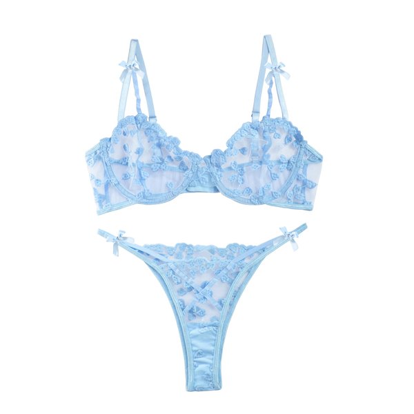 Lilosy Sexy Cute Underwire Push Up Strappy Heart Embroidered Mesh Sheer Lingerie Set for Women See Through Bra and Panty 2 Piece Bow Light Blue Small