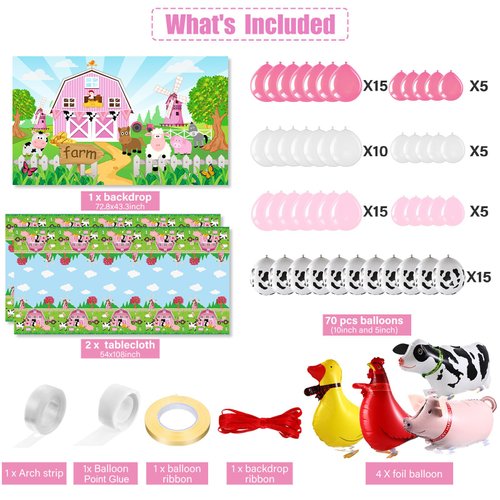 Farm Animals Theme Party Decorations Farm Barn Animals Backdrop Banner Farmhouse Animals Decor Party Tablecloth Balloon Arch Garland Kit for Birthday Photography Baby Shower Party Supplies (Pink)