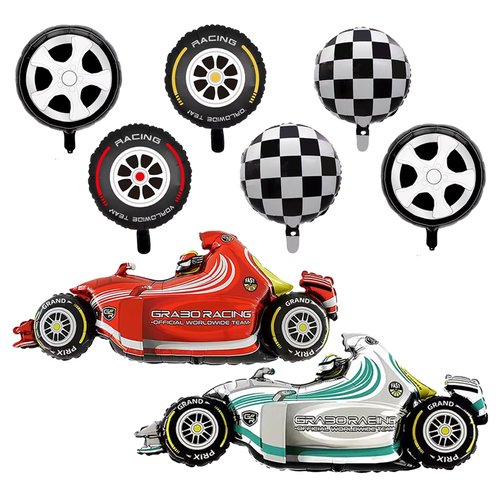 Race Car Balloons, 43 Inch Race Car Birthday Party Decorations, Wheel Tire Foil Balloons, Two Fast Birthday Decorations, Black and White Checkered Balloons, Cars Birthday Party Supplies - Pack of 8