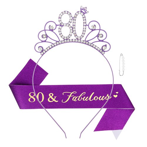 Casoty Purple 80th Birthday Sash and Tiara for Women, 80th Birthday Decorations for Women, 80 & Fabulous Sash and Crown Set, Happy 80th Birthday Decorations, 80th Birthday Supplies for Women