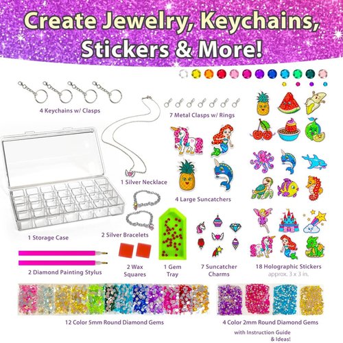 BRYTE Gem Art Diamond Painting Kits for Kids - Unicorn and Mermaid Craft Kit with Storage Case, Jewelry, Keychains, Stickers and More - Arts and Crafts - Perfect Toys and Gifts for All Ages