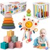 TYONGS Montessori Baby Toys for Ages 6-18 Months - Pull String Teether,Sensory Shapes Storage Bin,Stacking Building Blocks,Toddler Bath Time Fun,4 in 1 Infants Toy Gifts for 1 2 3 Year Old Boys Girls