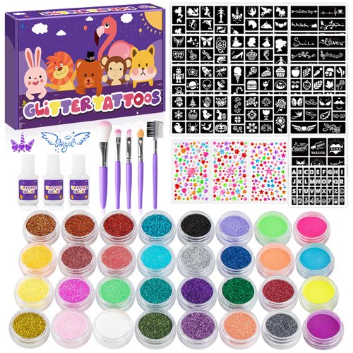 Temporary Glitter Tattoo Kids,26 Glitter Colors and 6 Fluorescent Colors,169 Stencils,3 diamond stickers,3 Glue,5 Brushes,Adults & Kids Arts Glitter Kit,Holiday Gifts for Girls Boys.