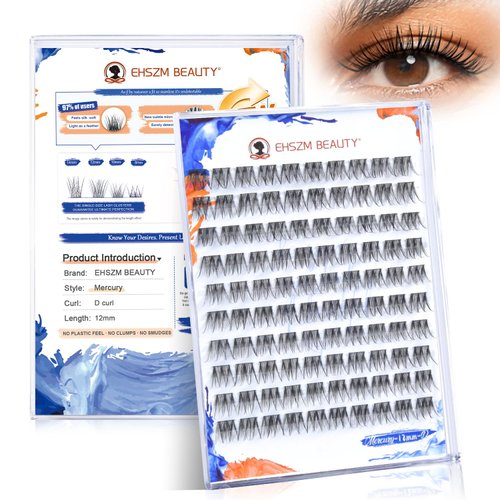 Ehszm Beauty Upgraded,Wispy Lash Clusters 12mm D Curl Only,Eyelash Clusters Natural,Ultra-Soft Individual Lashes,Empowered by New Softening Factor.No Plastic Feel,New Comfort - Mercury Style