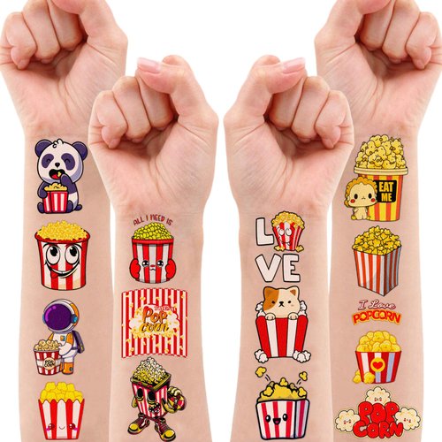 96 PCS Movie Night And Popcorn Corn Temporary Tattoo Stickers Themed Birthday Party Decorations Favors Supplies Decor Cute Cartoon Aesthetic Tattoos Sticker Gifts For Kids Boys Girls Prizes Carnival