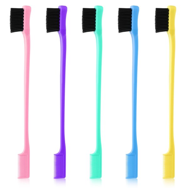 Molain 5 Pcs Double Sided Edge Control Hair Brush Comb, Hair Edge Brush for Woman Smooth Comb Grooming Hair Styling Edge Back Brushing, Colorful (5 Colors)