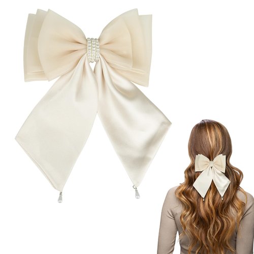 Gwabee Big Hair Bows for Girls, Satin Bow Hair Clips for Women, Pearl Butterfly Hair Clip French Hair Barrettes Hair Ribbon, Aesthetic Hair Accessories for Women Girls Princess Cosplay -Beige