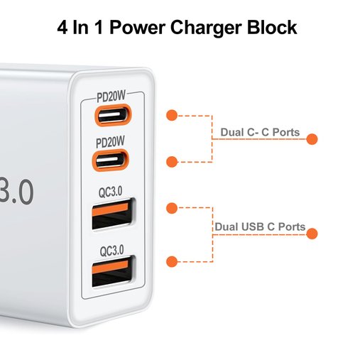 2 Pack 40W Fast Charger,2 Pack USB-C Fast Charger Cable,2 Pack Type C-C Fast Charger Cable,4-Port PD Power Adapter,QC Plug Multiport Block Cube Charging for iPhone,iPad,AirPods,Watch,Samsung,and More