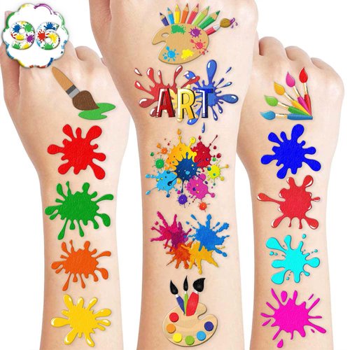 8 Sheets (88PCS) Art Temporary Tattoos Themed Paint Painting Birthday Party Decorations Favors Supplies Decor Stickers for Kids Men Gifts Classroom School Prizes Rewards