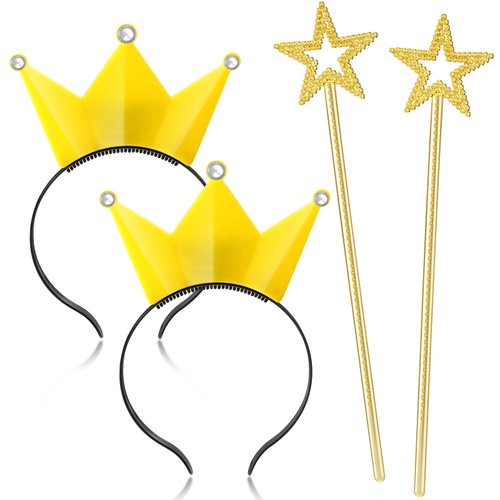 Halloween Princess Headband Wand Cosplay Set Gold Tiara Crown Headband 13.8'' Star Wand Costume Accessories(4 Pcs)