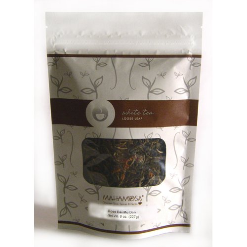 Mahamosa Rose White Tea (Bai Mu Dan) 8 oz, Loose Leaf White Tea Blend (pai mu tan tea, bai mudan tea) (with safflowers, rose petals, rose buds, rose flavor)