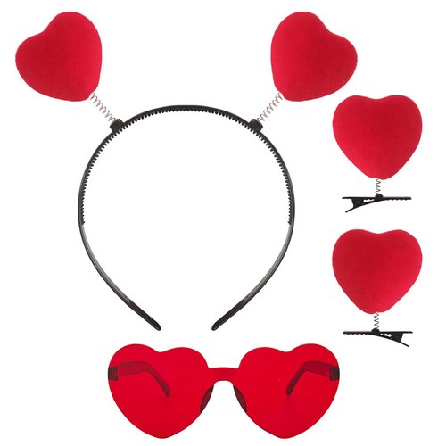 4 Pcs Valentines Day Heart Head Boppers Hair Clips Eyeglasses Glasses Headband Barrettes Love Hair Hoops Bands Sunglasses Red Headpiece Hairclips Women Dress Up Halloween Birthday Party Accessories
