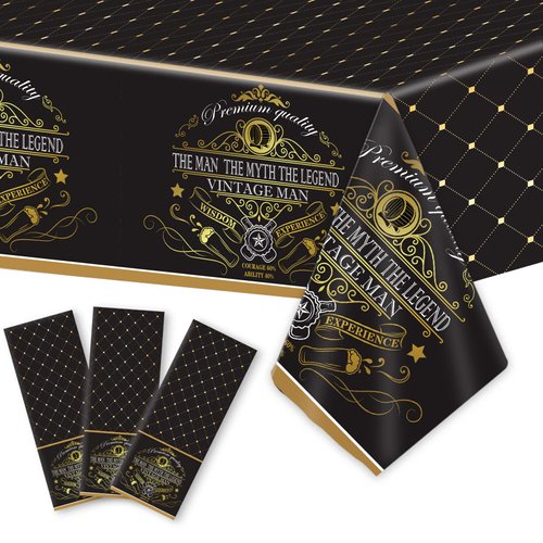 gisgfim 3 Pcs Vintage Man Tablecloth Vintage Table Cloth Party Supplies Man Vintage Birthday Party Plastic Table Cover Aged Men Party Decorations for Black Gold Outdoor Indoor 105 x 54 inch