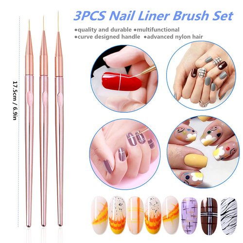 FULINJOY 3 Pcs Rose Gold Nail Art Liner Brushes Set, UV Gel Acrylic Application Nail Pens Nail Art Designs Tools(7mm/9mm/11mm)