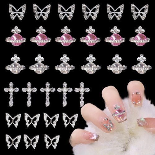 34Pcs Butterfly Planet Cross Silver Nail Gems Charms 3D Cross Butterfly Planet Alloy Nail Charms Nail Art Rhinestones Gems Charms Design for Nail Art DIY Jewel Accessories