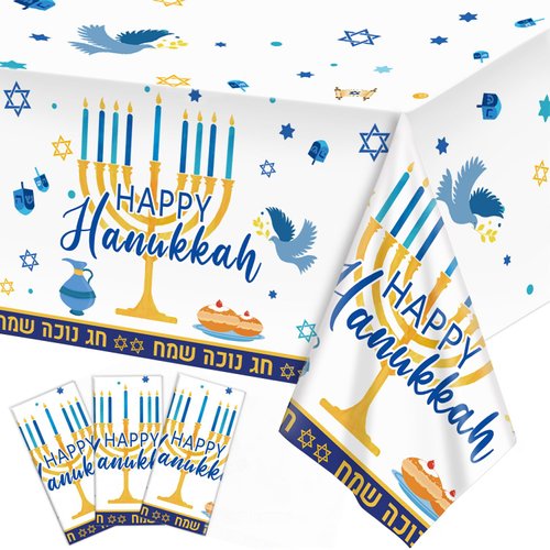 3Pcs Hanukkah Tablecloth Hanukkah Theme Table Cloth, Hanukkah Decorations for Happy Hannukah Decorations Table Cover for Plastic Chanukah Jewish Chanukah Party Supplies, 108 x 54 inch
