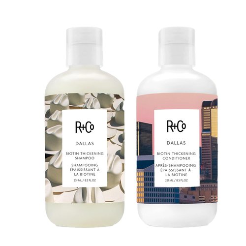 R+Co Dallas Biotin Hair Shampoo and Conditioner Set (8.5 Oz) + R+Co Bonus Deluxe Sample (.5 Oz) | Body + Shine + Smoothing for All Hair Types | Vegan + Cruelty-Free |