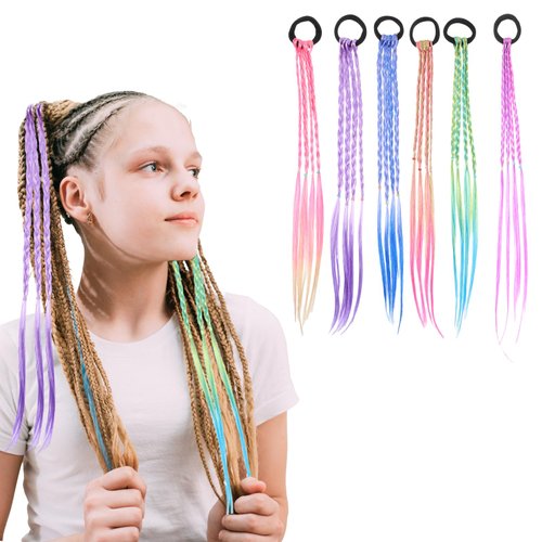 Styquenzer Colored Hair Extensions for Kids, 6 Pieces Colorful Braided Pony Tails Hair Extensions Synthetic Rubber Bands Hairpieces Wigs Ponytail Headbands Hair Accessories for Women Girls