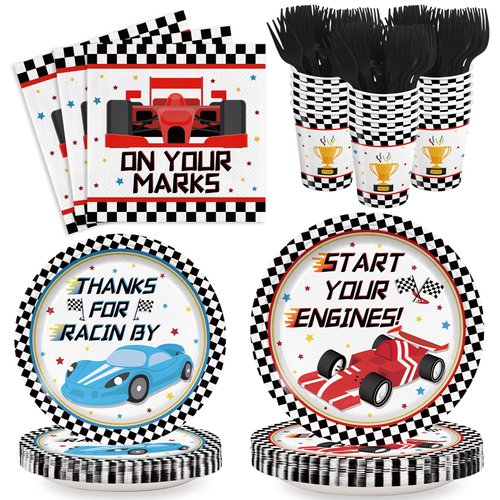 120pcs Racing Car Party Plates Napkins Checked Race Car Birthday Supplies Boys Kids Disposable Tableware Set Paper Cups Forks for Race Car Theme Party Decorations,24 Guests