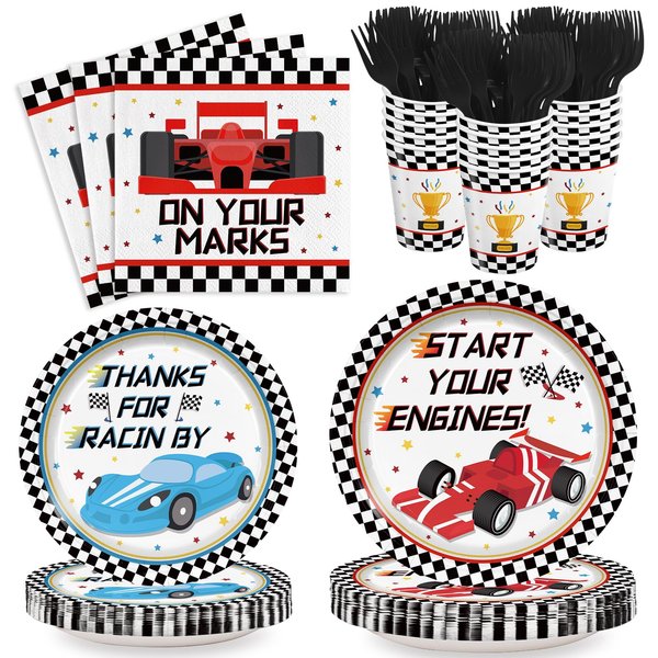 120pcs Racing Car Party Plates Napkins Checked Race Car Birthday Supplies Boys Kids Disposable Tableware Set Paper Cups Forks for Race Car Theme Party Decorations,24 Guests
