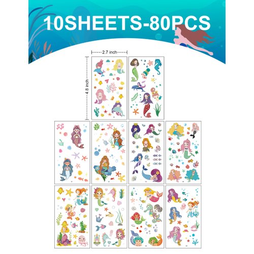 WENTIYA 240 Pieces Mermaid Temporary Tattoos Themed Birthday Party Favors Supplies Decorations, Mermaidl Tattoo Stickers Gifts For Game Prizes Reward (Temporary Tattoos & Slap Bracelets Wristbands)