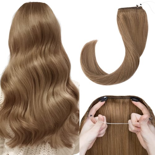 Halo Hair Extensions Real Human Hair, MY-LADY Adjustable Halo Extensions Real Human Hair, 16 inch Light Brown Women's Long Straight Hair Invisible Wire Hair Extensions