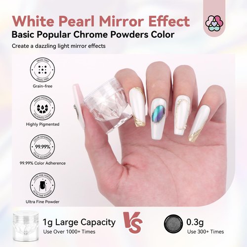Saviland White Pearl Chrome Nail Powder - 1g Mirror Effect Chrome Powder for Gel Nails, Metallic Mermaid Chrome Nail Powder for Gel Polish, Pearl Nail Powder Glitter Dust Kit for Nail Art Decorations