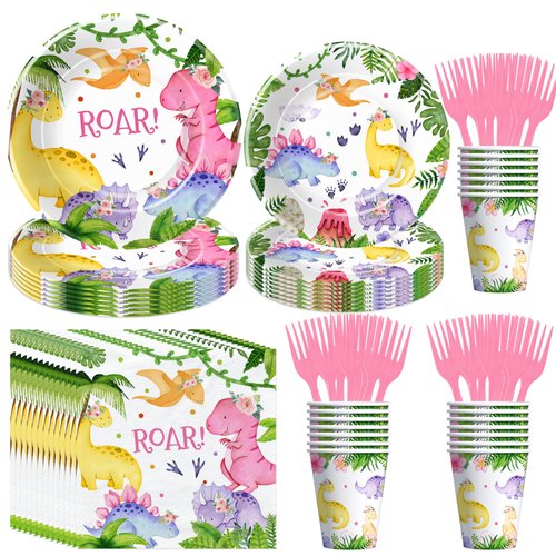 Suhelkit Dinosaur Party Decorations Tableware For Girl - Pink Dino Dinosaur Birthday Party Supplies, Paper Plate, Cup, Napkin, Disposable Fork, Watercolor Dinosaur Baby Shower Decorations | 24 Guests