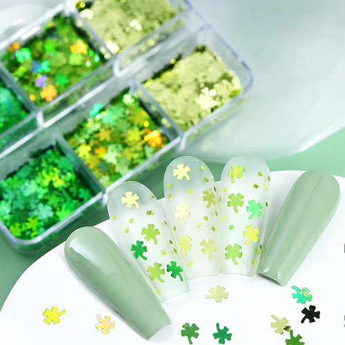 6 Grids St. Patrick's Day Nail Art Glitters 3D Holographic Green Shamrock Nail Art Stickers Irish Nail Sequins Sparkle Confetti Flakes Clover Nail Design for Women DIY St Patricks Day Nail Decorations