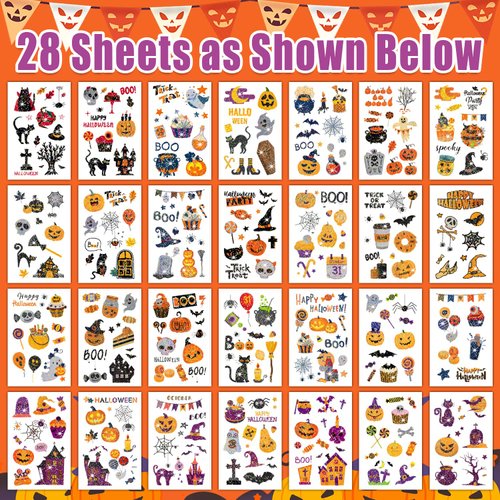 Partywind 245 Styles Glitter Halloween Tattoos for Kids Treats, Halloween Birthday Party Decorations Supplies Favors for Boys Girls, Tattoo Stickers for Trick or Treat Party (28 Sheets)