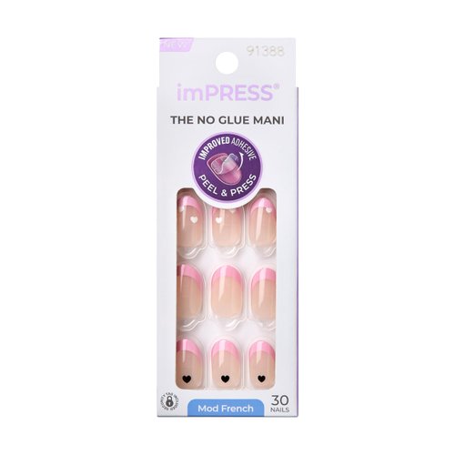 KISS imPRESS No Glue Mani Press-On Nails, French, Ditto', Light Neutral + Pink Tip French, Short Size, Oval Shape, Includes 30 Nails, Prep Pad, Instructions Sheet, 1 Manicure Stick, 1 Mini File
