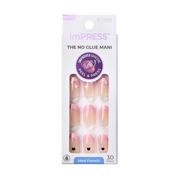 KISS imPRESS No Glue Mani Press-On Nails, French, Ditto', Light Neutral + Pink Tip French, Short Size, Oval Shape, Includes 30 Nails, Prep Pad, Instructions Sheet, 1 Manicure Stick, 1 Mini File