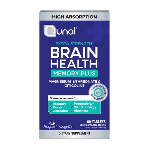 Qunol Brain Health Memory Plus, Magnesium L-Threonate & Citicoline, Clinically Tested Ingredients to Improve Memory, Focus, Attention and Productivity, 60 Count (Pack of 1)