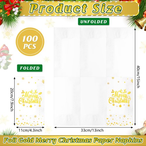 100Pcs Merry Christmas Napkins, Disposable Paper Napkins, Paper Cocktail Napkins Hand Towels for Christmas Dinner Winter Holiday Party Decorations and Supplies, 7.9 x 4.3 Inch