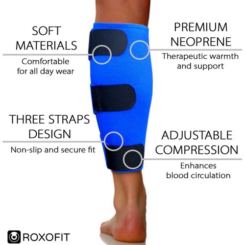 ROXOFIT Calf Brace for Torn Calf Muscle and Shin Splint Pain Relief - Calf Compression Sleeve for Strain, Tear, Lower Leg Injury - Neoprene Runners Tibia Splints Wrap for Men and Women