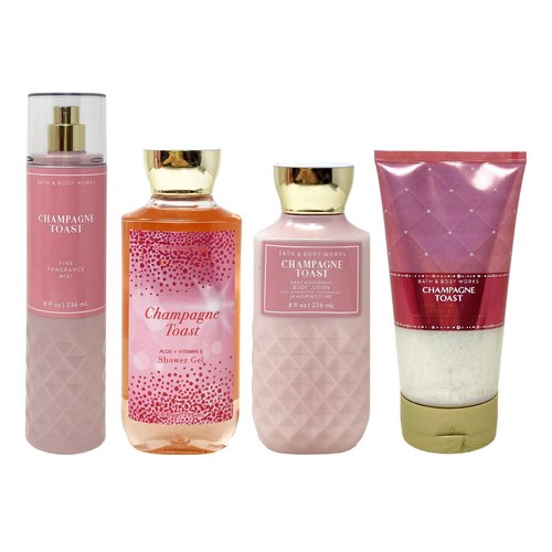 Generic Bath and Body Work CHAMPAGNE TOAST 4 Piece Bundle - Fragrance Mist - Shower Gel - Body Lotion and Body Scrub - Full Size, Pink