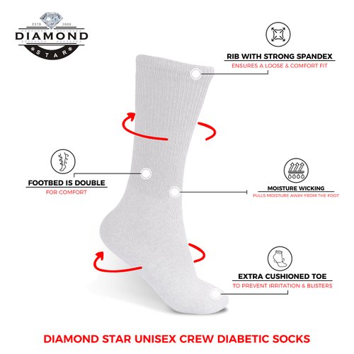 Diamond Star Diabetic Socks, Non-Binding Circulatory Cushion Cotton Crew Diabetic Socks for Men Women
