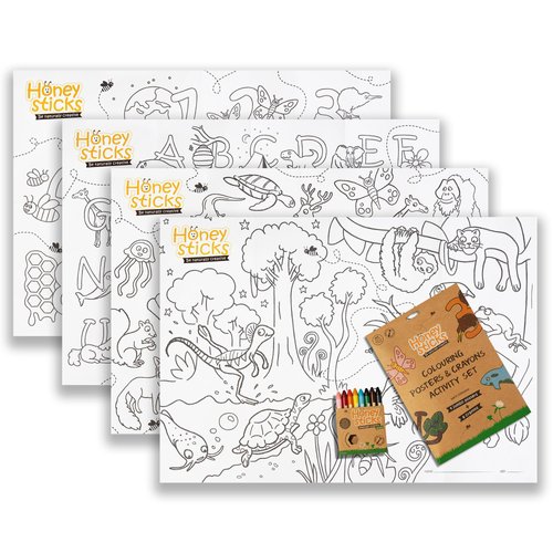 Honeysticks Kids Activity Set - 4 Giant Coloring Posters for Kids and 8 Jumbo Beeswax Crayons - Fun and Educational Posters for Toddler, Preschool Coloring. Perfect Gifts for Toddlers, Kids Aged 3-5