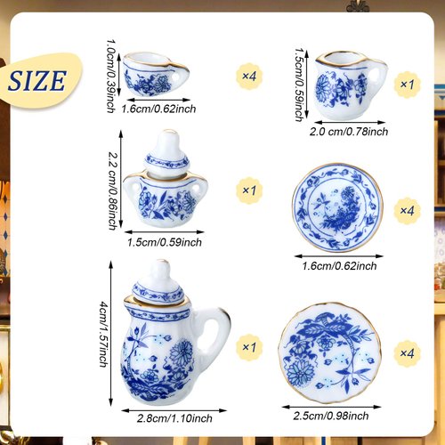 60 Pieces 1:12 Scale Miniatures Dollhouse Porcelain Tea Cup Set Include 15 Flower Pattern,15 Blue Porcelain,15 Plum Blossom and 15 Red Rose Teapot Cup Set Porcelain Accessories for Doll Toy Supplies