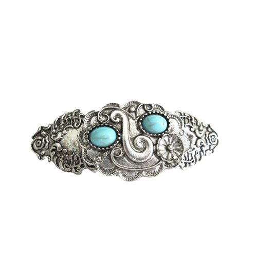 Small blue stone silver tone metal flower western hair clip barrette thin hair