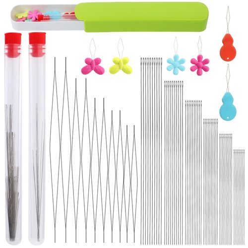 Uzecpk 76PCS Beading Needles Set, 60 PCS Long Straight Beading Thread Needles 10 PCS Big Eye Beading Needles with Needle Bottle Threaders for Bracelets and Jewelry Making